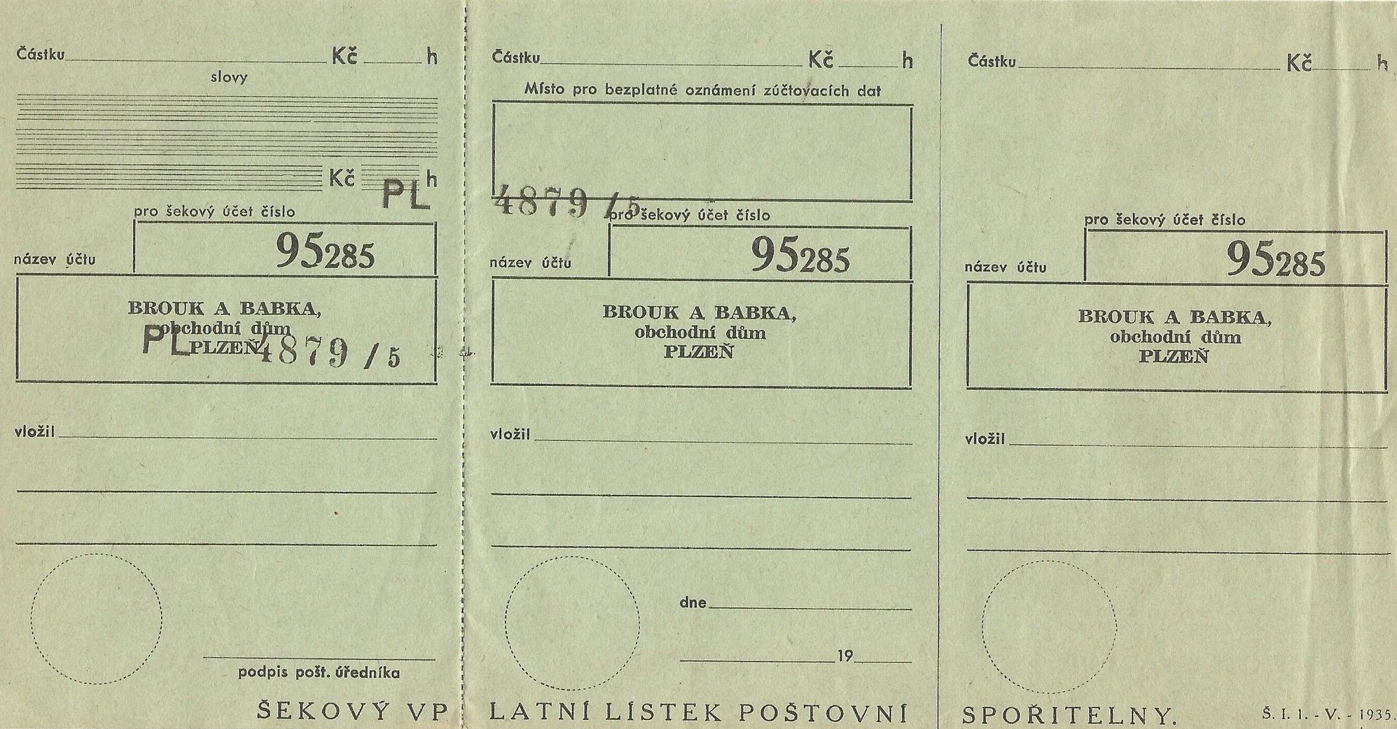 Šekový výplatní lístek Poštovní spořitelny, OD Brouk a Babka (Plzeň, po 1935)